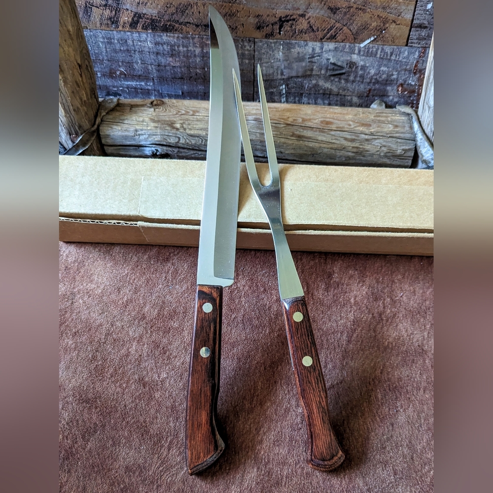 Ekco Flint Stainless Vanadium Fork & Knife With Wood Handles in Original Box